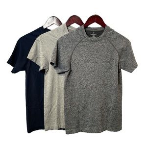 Triple Threat: Fabletics XS Workout T-Shirt Set - Grey, Light Grey, & Dark Blue